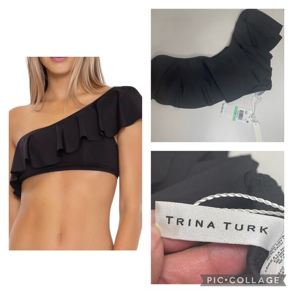 Trina Turk Womens Atlas Black Ruffled One Shoulder Bikini Swim Top ONLY 8 NWT - Picture 1 of 8
